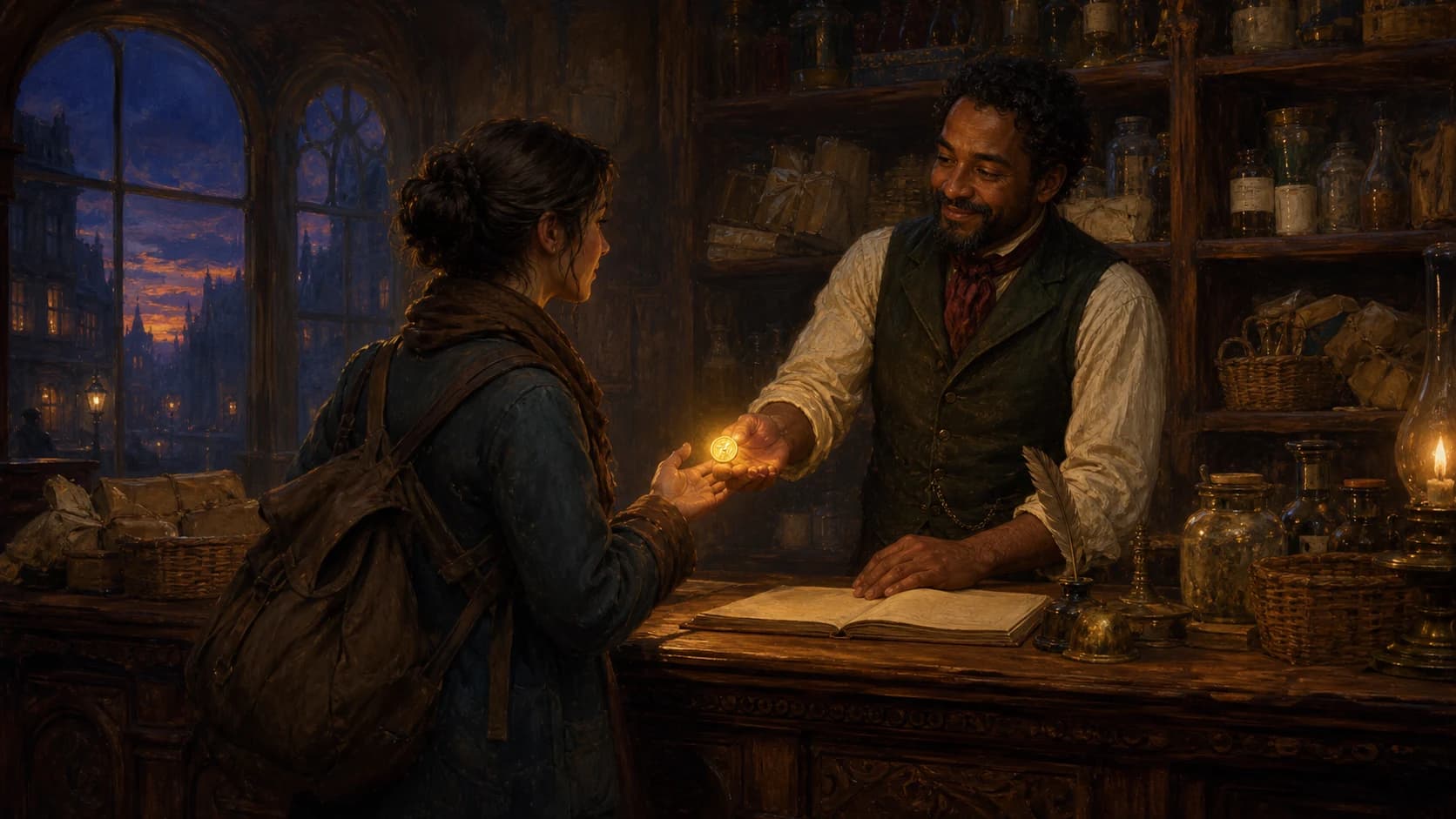 A Victorian guildhall shopkeeper presenting a glowing gold token to a customer