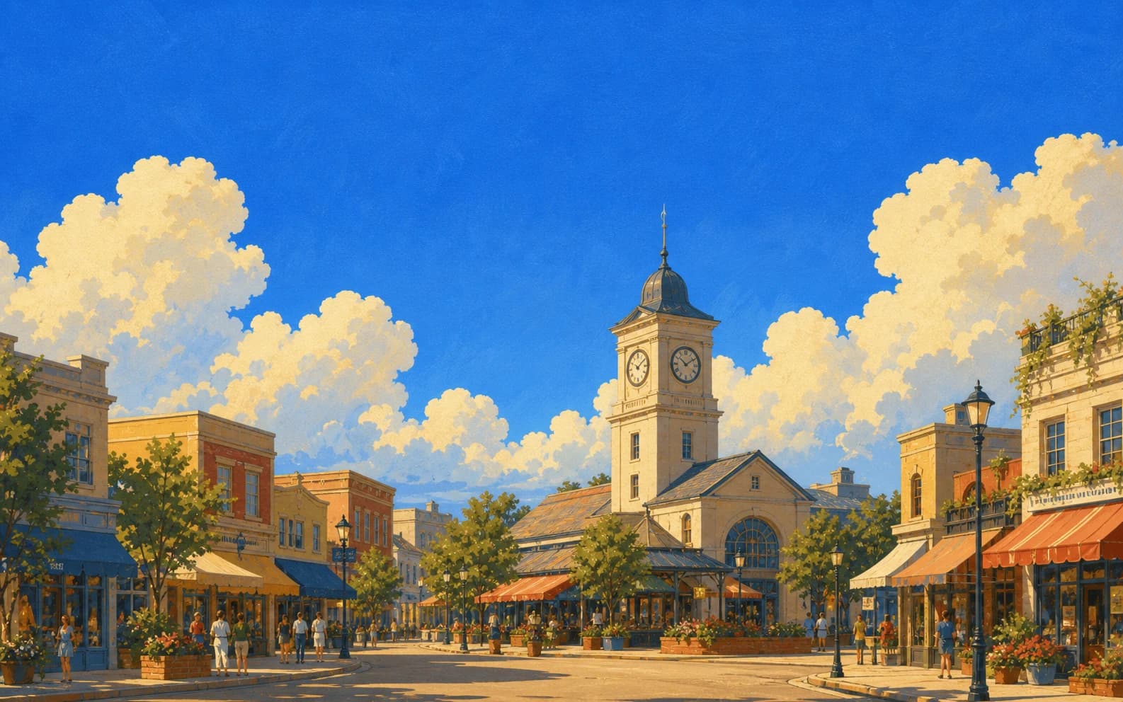 A bright painted neighborhood avenue of independent shops beneath a cobalt sky